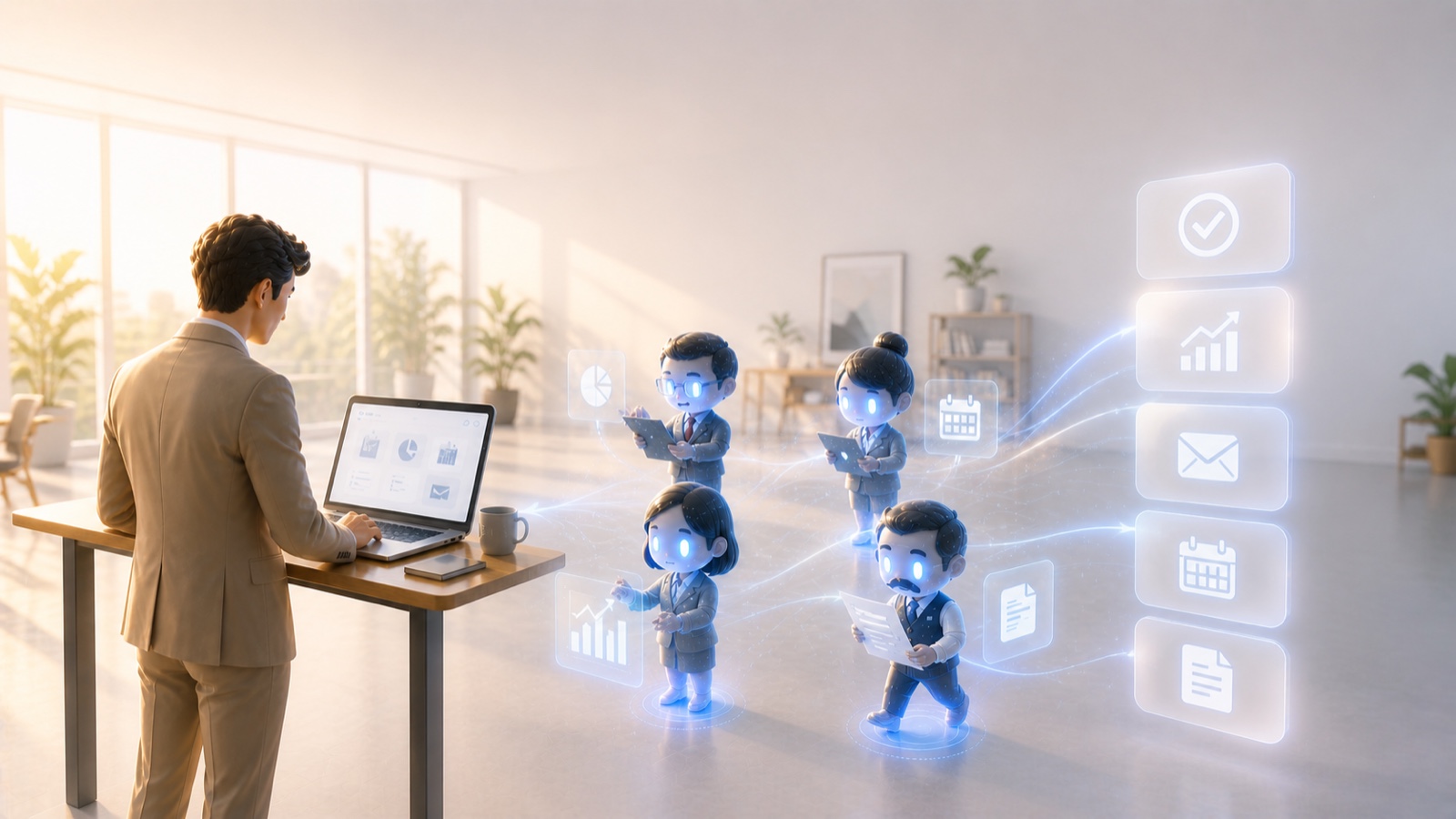 経営者・AI社員8名・ダッシュボード5枚通知・Quickry AI Kit体験イメージ
